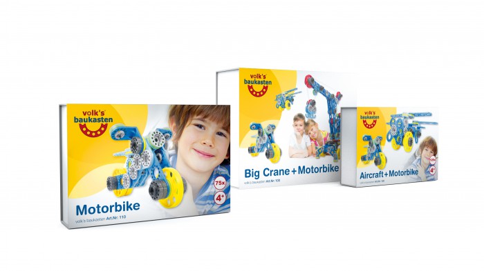 Sets vom volk`s baukasten mit dem Aircraft, Motorbike und Big Crane